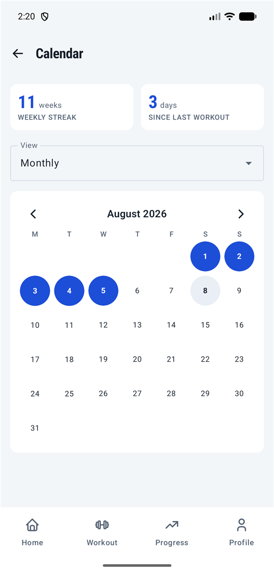 Training calendar showing workout days across the month