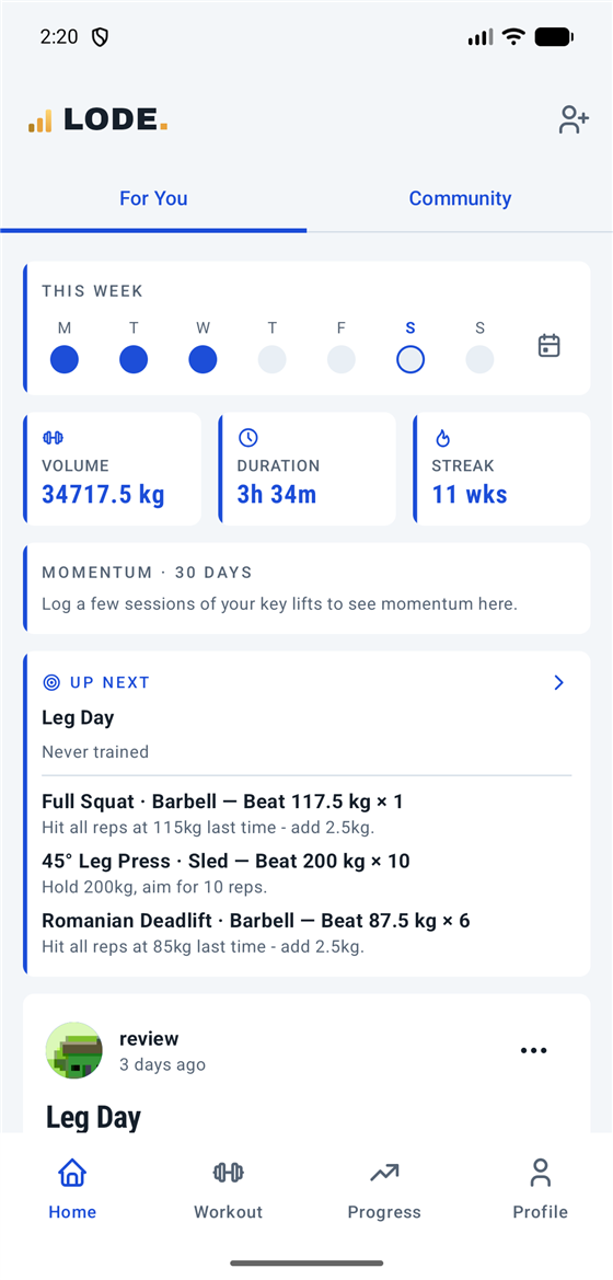 Lode home screen with weekly training stats, streak and lift momentum