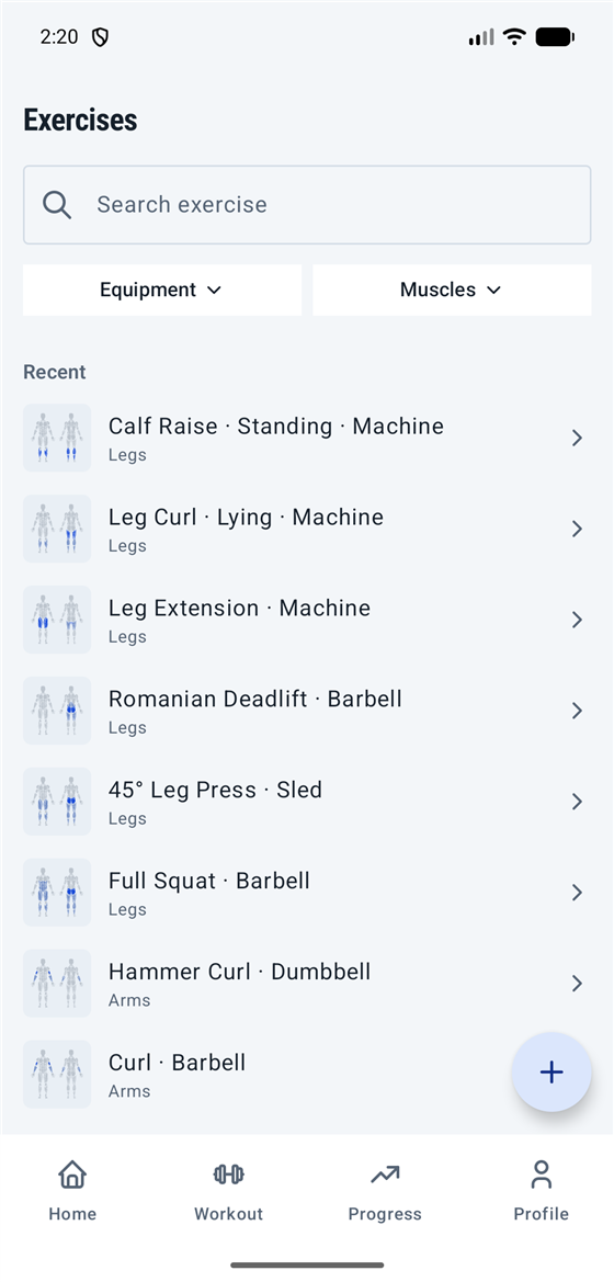 The exercise library with search and equipment filters