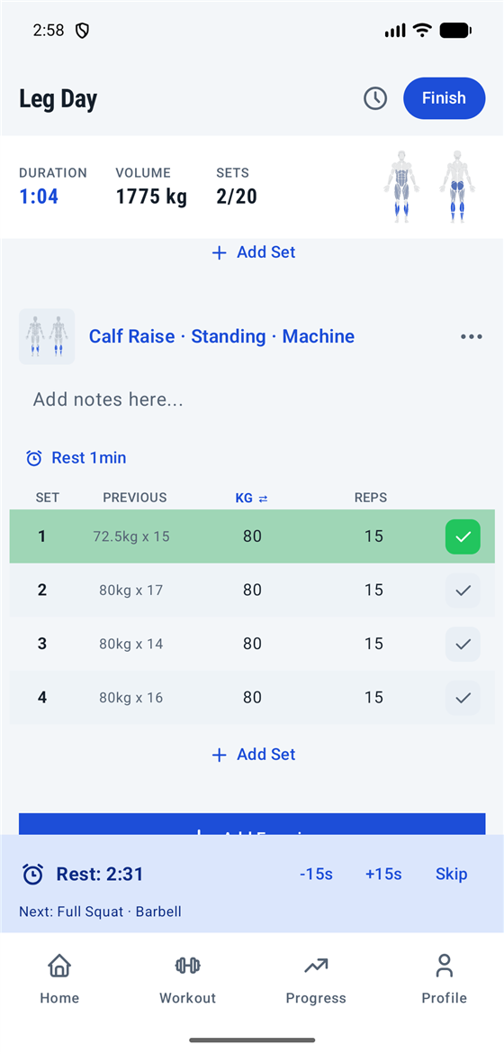 Logging a Push Day workout in Lode on an Android phone — completed sets and the rest timer running