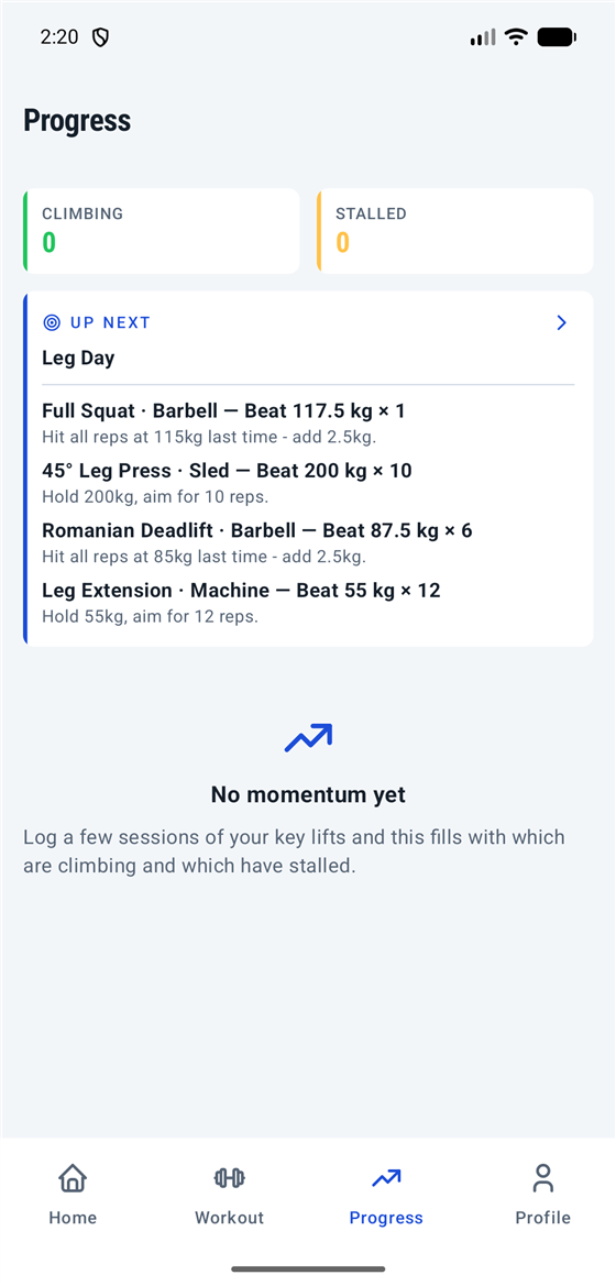 The Progress tab with training recap and momentum per lift