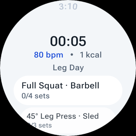 Lode on a Wear OS watch — workout list with live heart rate
