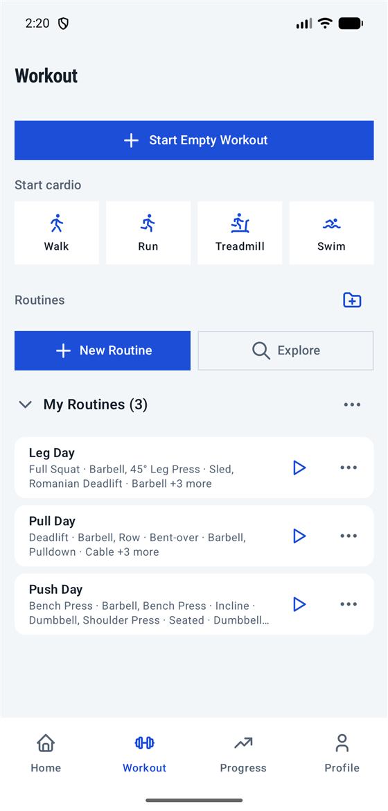 The Workout tab with routines, folders and cardio quick starts